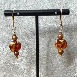 Handmade glass bead freshwater pearl orange gold earrings